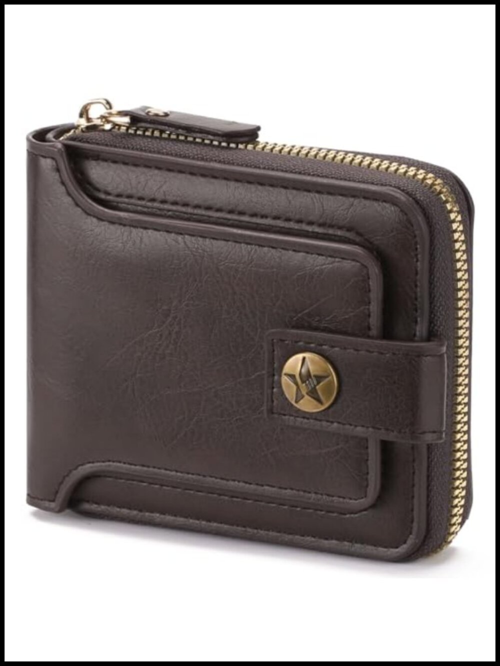 Men's Leather Bifold Wallet with ID Window, Zip Coin Pocket & 10 Card Slots